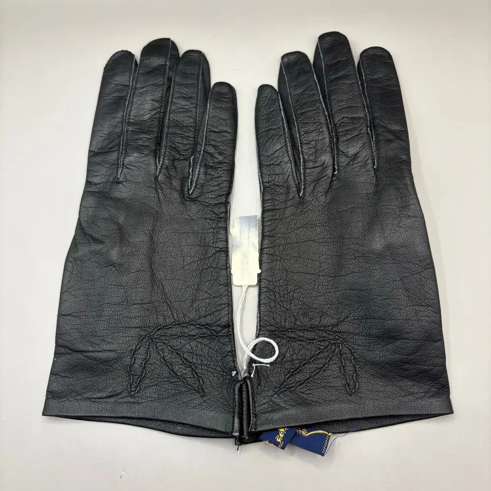 VTG Leather Gloves‎ Black Embroidered Pure Silk Lined Made in France XS 7 NOS